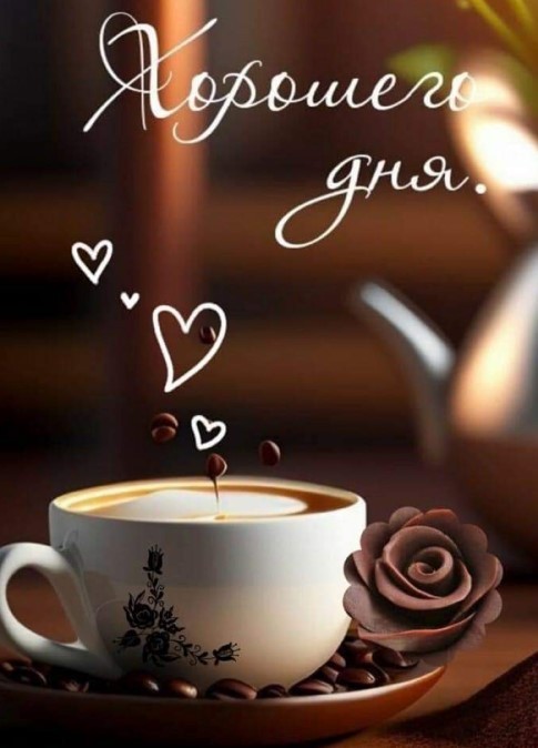 Картинка хорошего дня с чашечкой кофе и сердечками